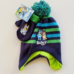 Bluey | Toddler Mitten Winter Hat Knit Fleece Ear Flap Pom Pom NWT